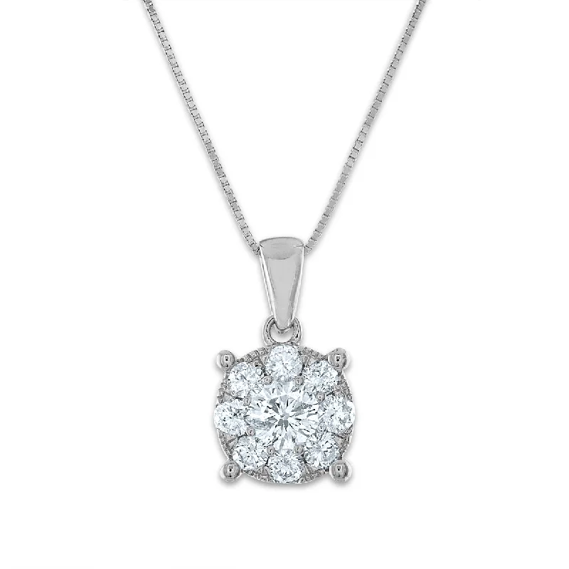 1 CTW Diamond Cluster Halo 18-inch Pendant in 14KT White Gold