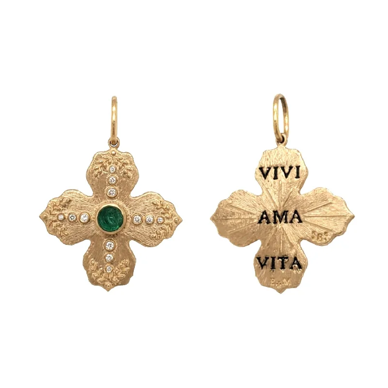 14K Gold Emerald & Diamond Floral Cross Charm