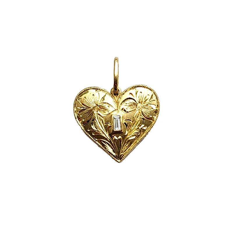 18K Gold Hand Engraved Medium Heart Baguette Diamond Charm