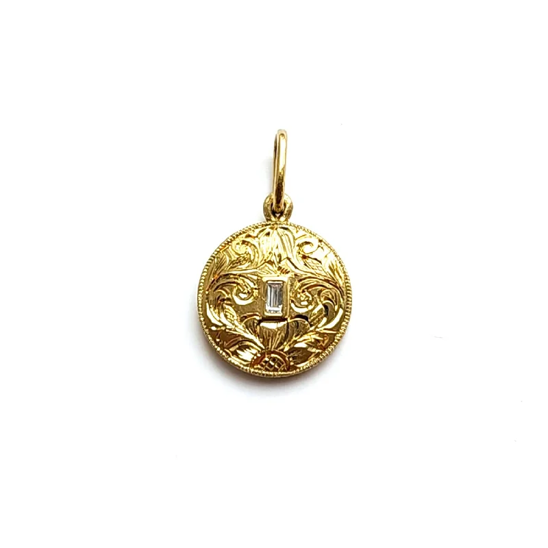 18K Gold Hand Engraved Medium Round Baguette Diamond Charm