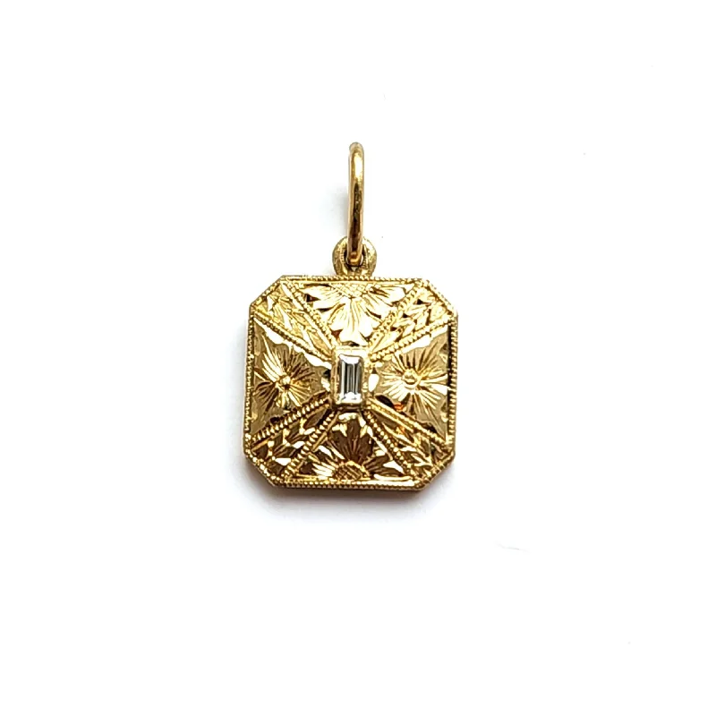 18K Gold Hand Engraved Medium Square Baguette Diamond Charm