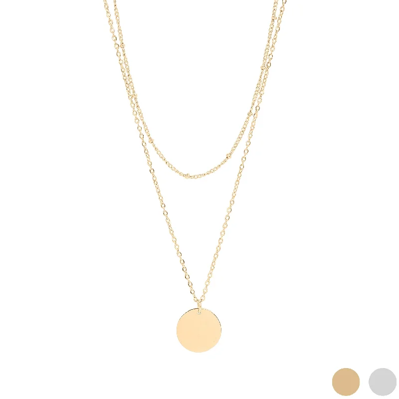 18K Gold PVD Stainless Steel Loop and Satellite Chain Blank Disk Layered Necklace / CHN0001