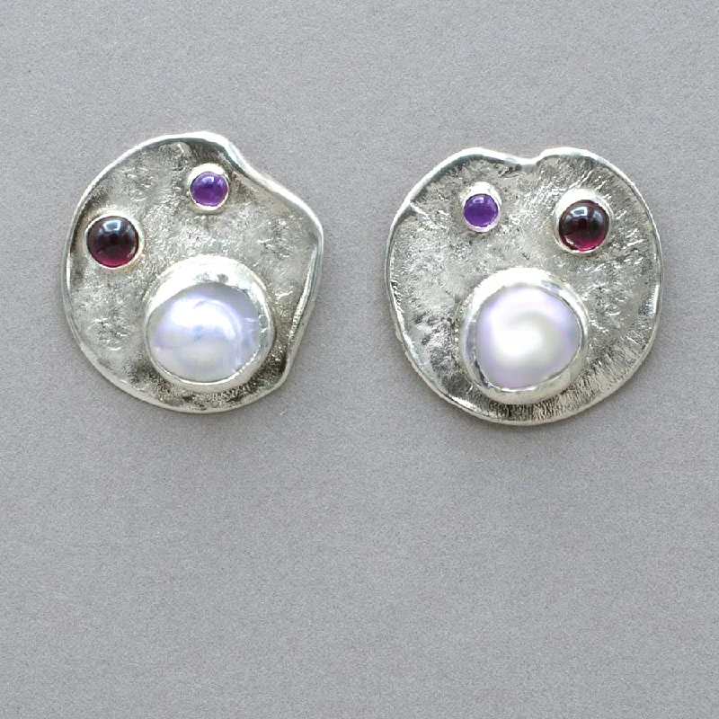 Blister Pearl, Garnet and Amethyst Earrings