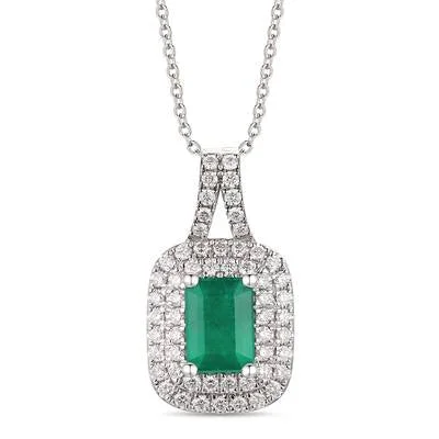 LeVian White Gold Emerald and Diamond Halo Pendant