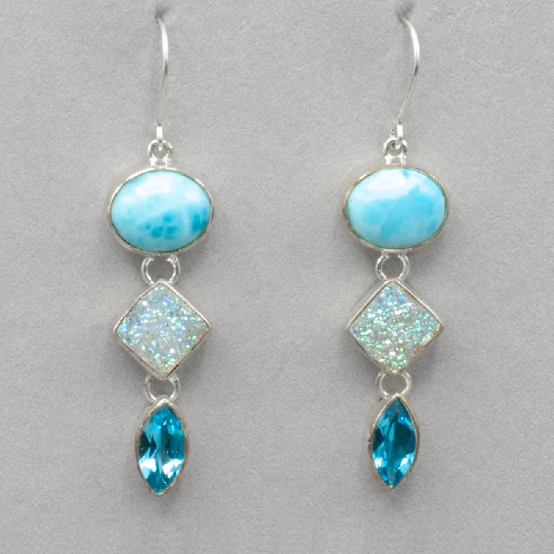 Larimar, Diamond Cut Druzy and Marquise Topaz Dangle Earrings