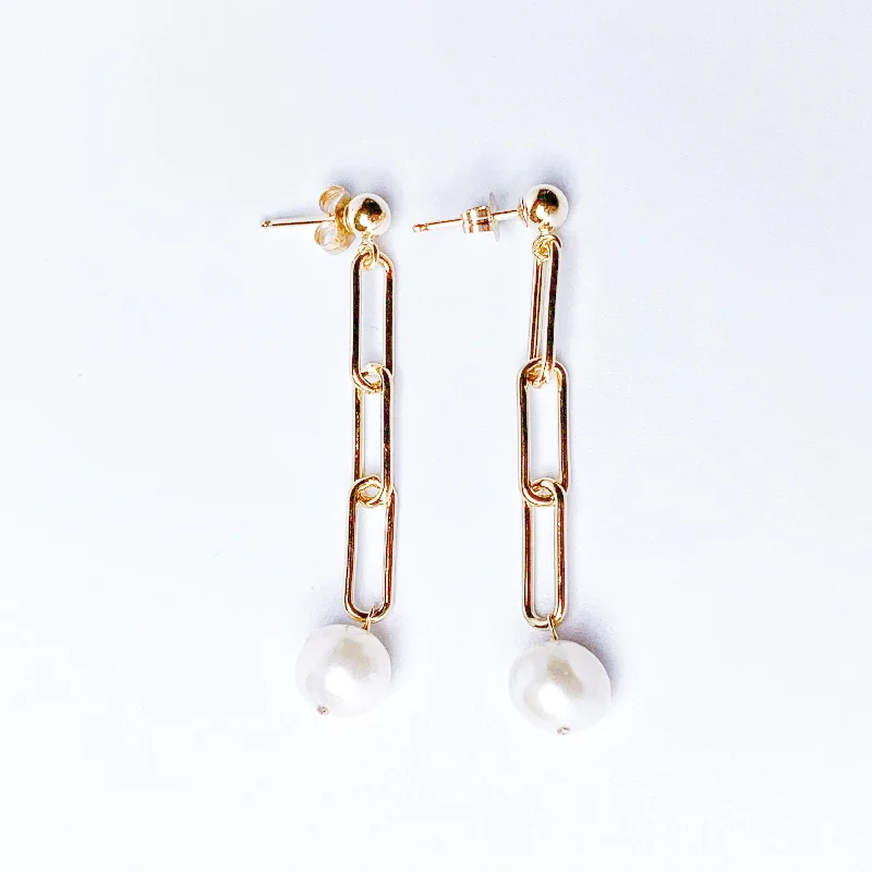 Pearl Post Drop Gold Earrings