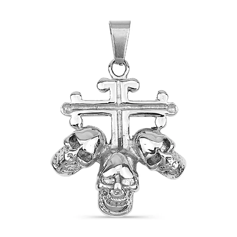 Stainless Steel Triple Skulls On Cross Pendant / PDJ3478