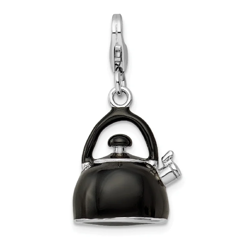 Sterling Silver 37X14MM Black Tea Kettle Charm