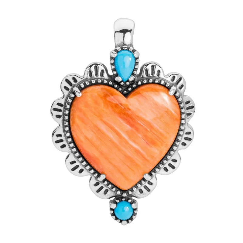 Sterling Silver Orange Spiny Oyster and Sleeping Beauty Turquoise Heart Pendant Enhancer