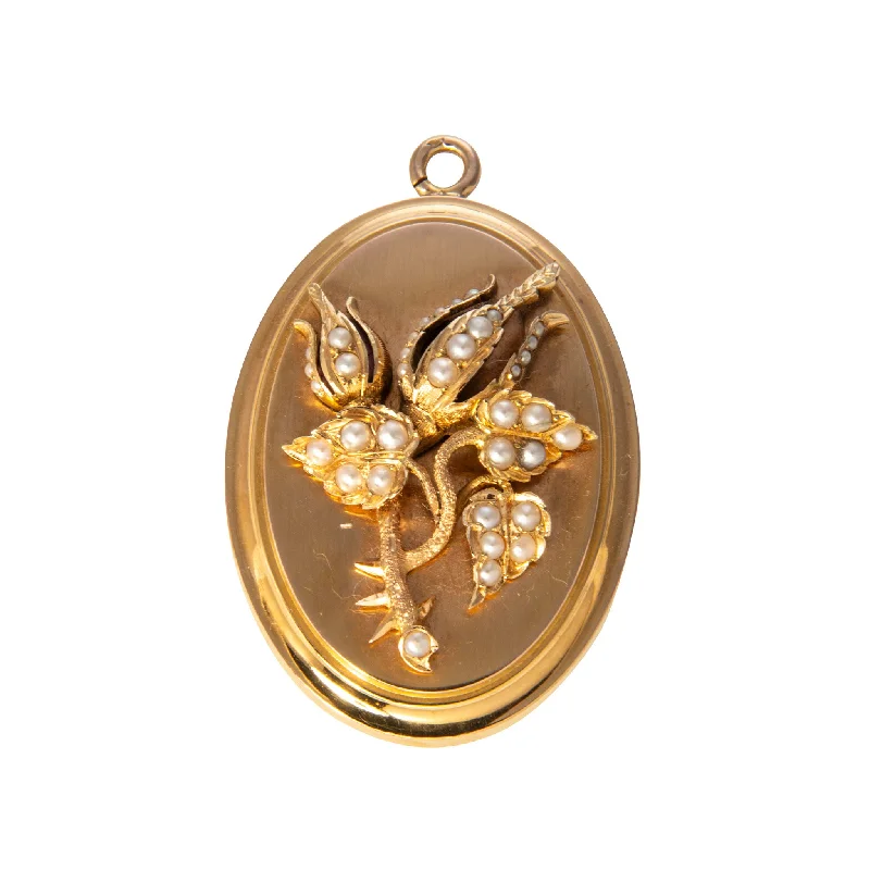 Victorian Floral Seed Pearl 18K Gold Oval Locket Pendant