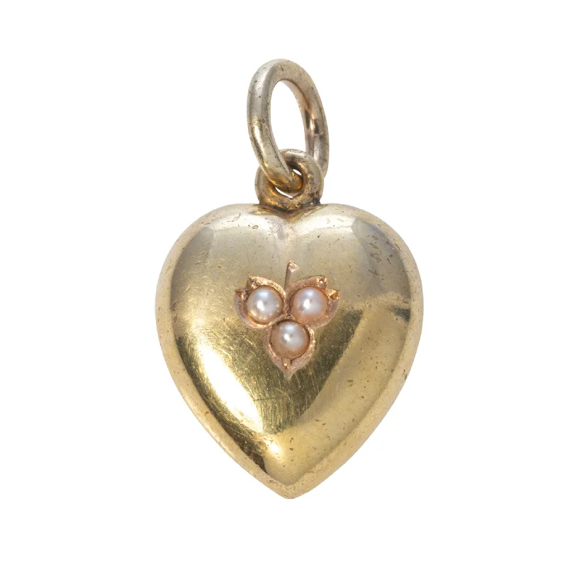 Victorian Seed Pearl 15K Gold Puffed Heart Pendant