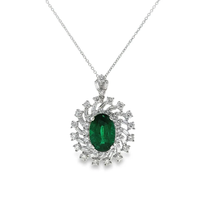 White Gold Emerald and Diamond Halo Pendant