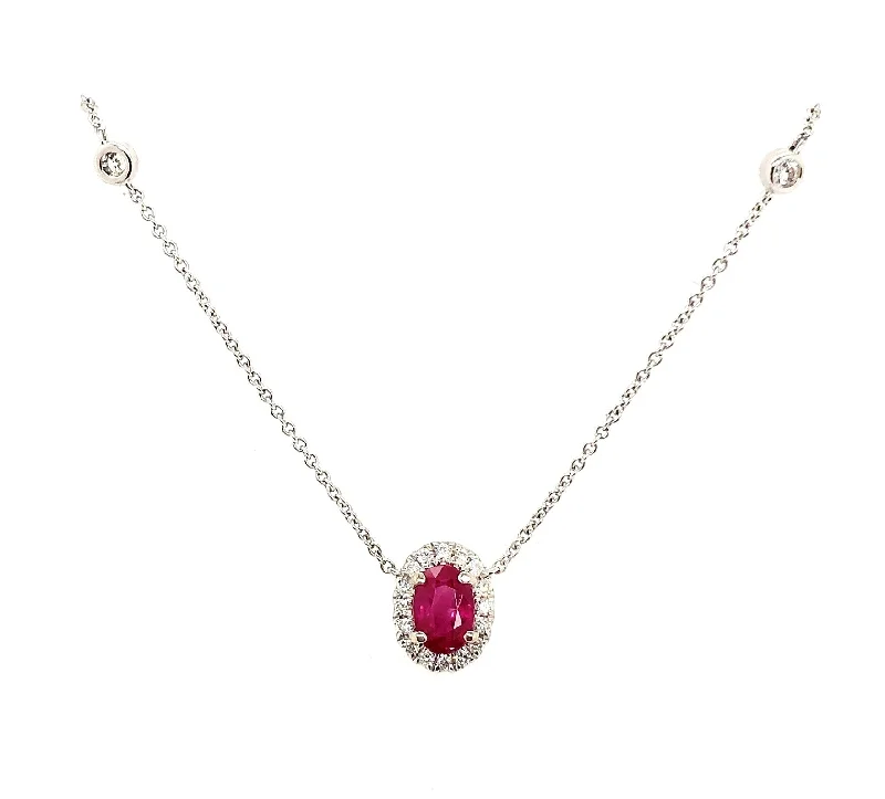 White Gold Ruby and Diamond Halo Necklace