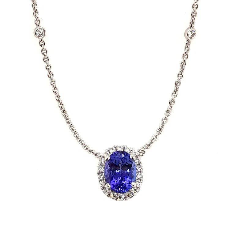 White Gold Tanzanite and Diamond Halo Necklace