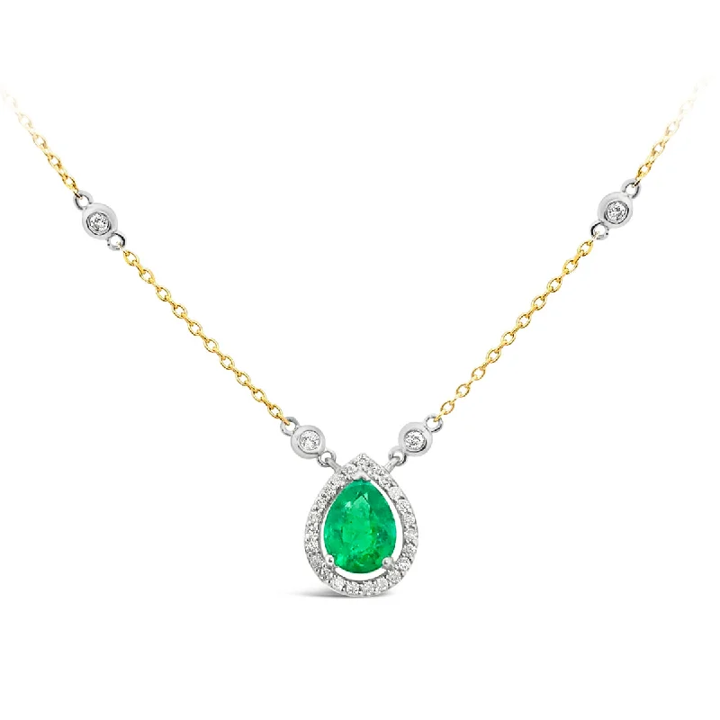 Yellow Gold Emerald and Diamond Halo Necklace