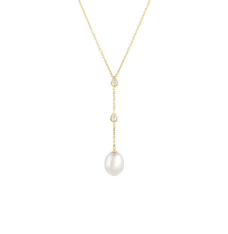 Sabel Collection Yellow Gold Pearl and Diamond Y Necklace