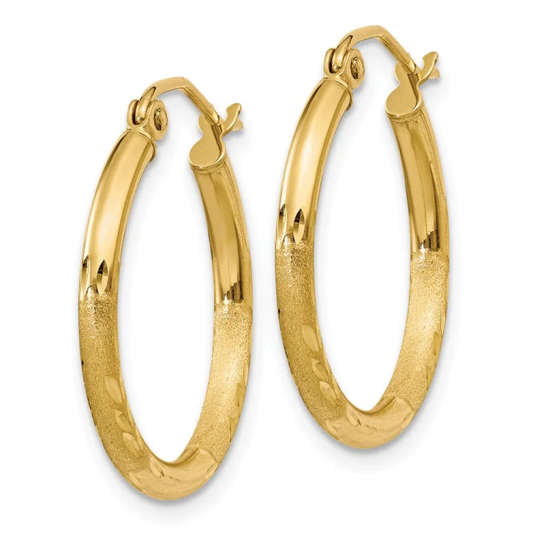 14k Satin and Diamond-cut 2mm Round Tube Hoop Earrings