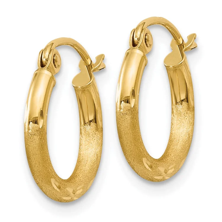 14k Satin and Diamond-cut 2mm Round Tube Hoop Earrings