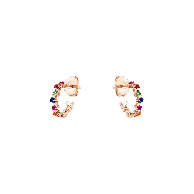 18 Karat Rose Gold Small Hoop Earring with Multi Colored Sapphires and Diamonds