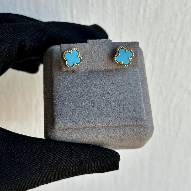 Vintage Van Cleef & Arpels 18K Yellow Gold Clover Turquoise Earrings – 9mm, Marked VC&A