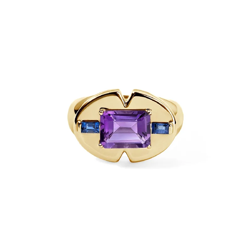 Amethyst Emerald Cut and Blue Sapphire Signet Ring