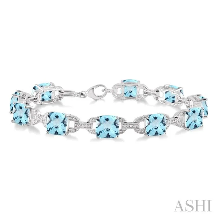 7x7 mm Cushion Cut Blue Topaz and 1/20 Ctw Round Cut Diamond Fashion Bracelet in Sterling Silver