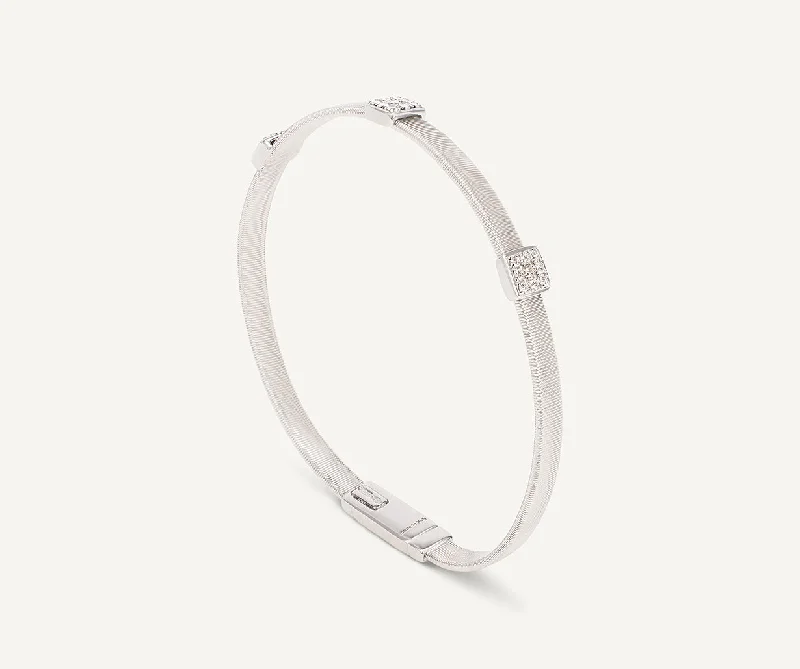 18K White Gold Medium Stackable Bracelet With 3 Diamonds Stations